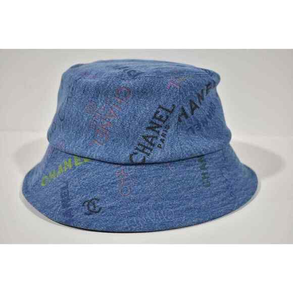 Chanel 22P Blue Black Pink Denim Graffiti CC Logo Sun Cloche Bucket Hat Small S - Picture 9 of 11